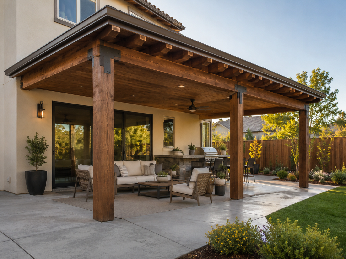 Backyard patio area with outdoor furniture, a barbecue grill, potted plants, and a wooden pergola, with a garden and fence in the background.