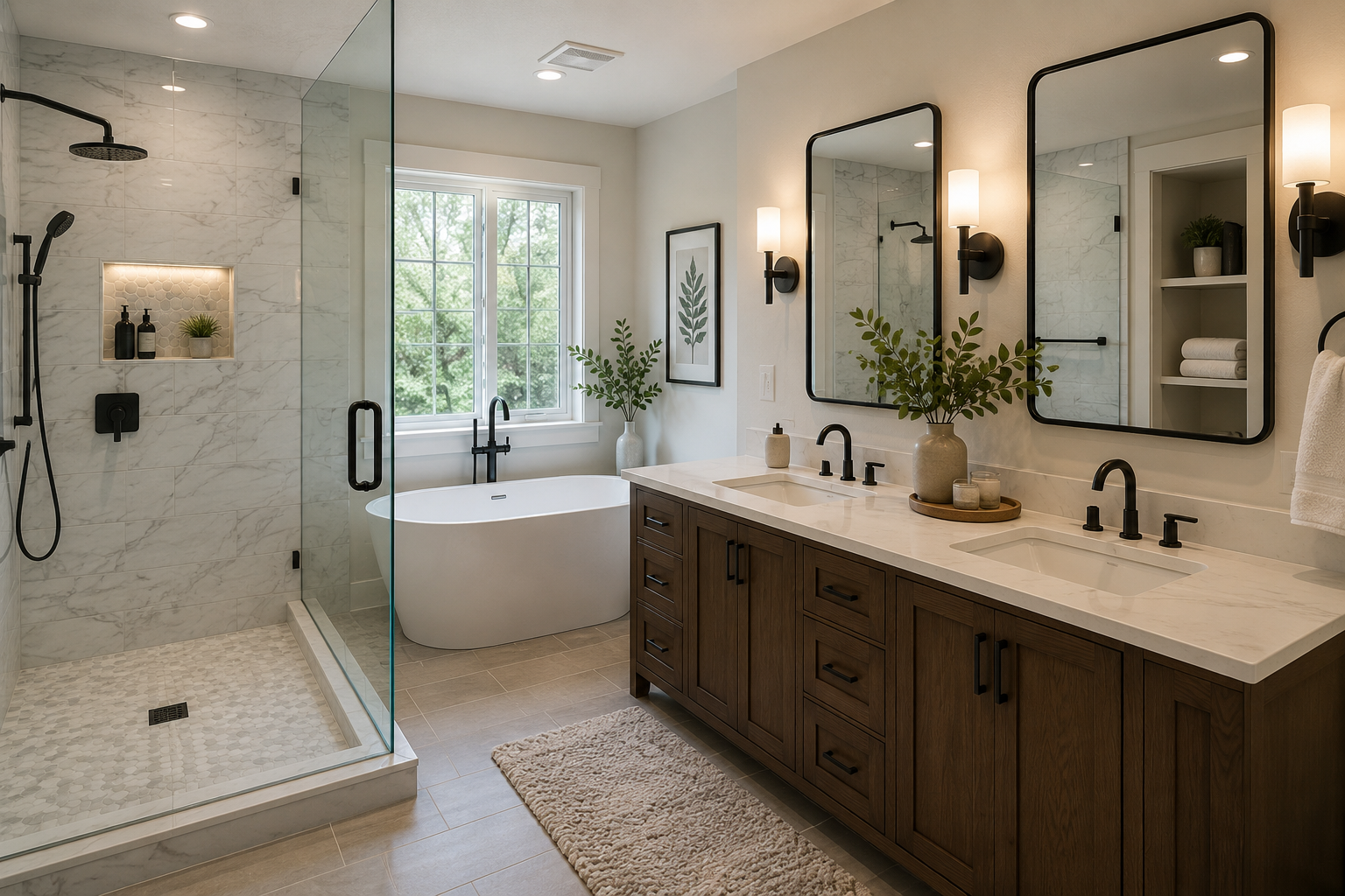 Modern bathroom with walk-in shower, free-standing bathtub, double vanity with two mirrors, and natural light from window.
