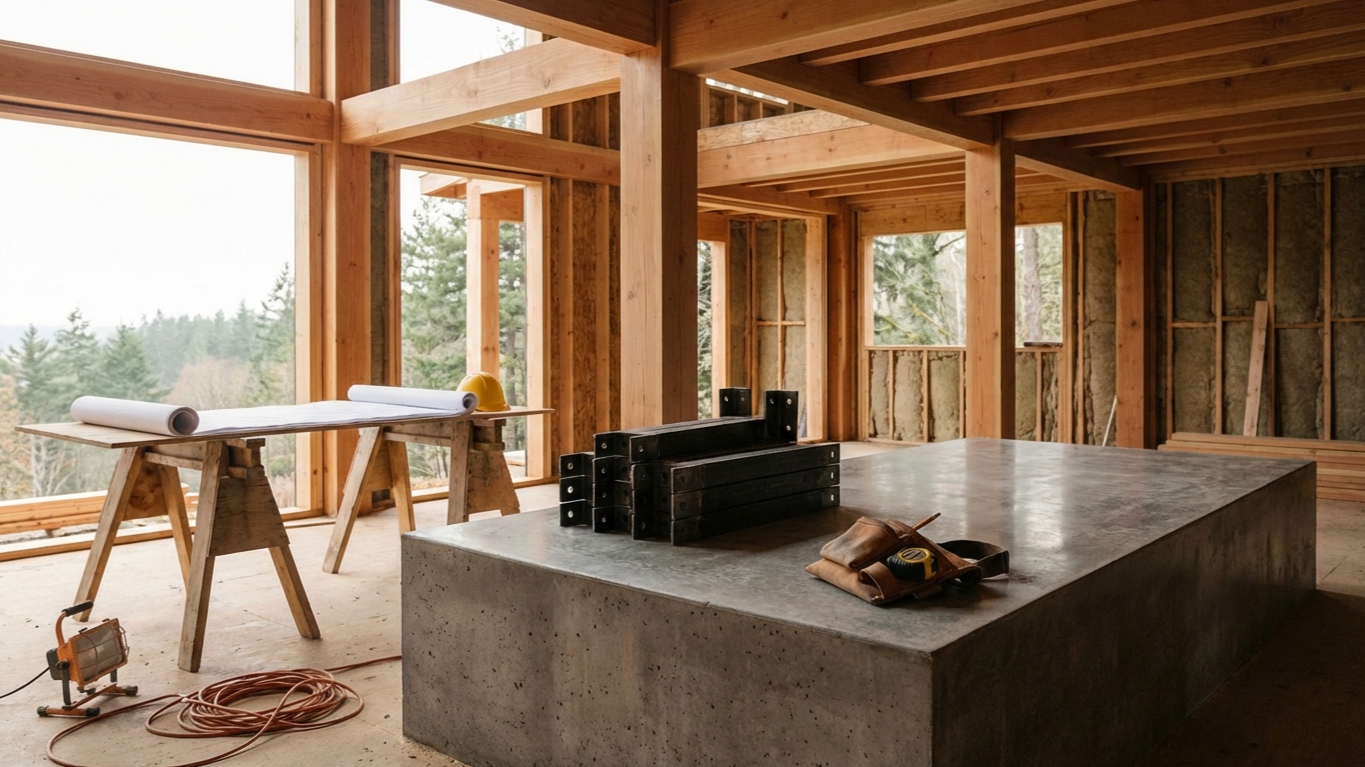 Home remodeling project under construction with interior framing and large windows by Crown Contractors in Northern California.