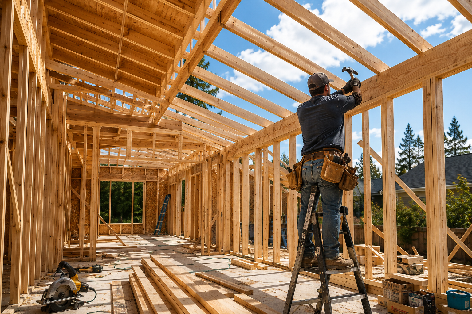 A construction worker standing on a ladder working on the wooden frame of a house under construction during daytime.