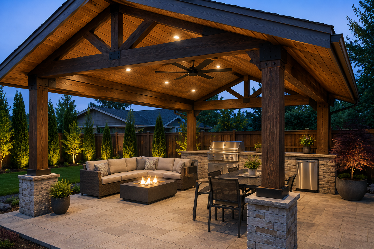 Custom covered patio and outdoor living space with lighting and seating by Crown Contractors.