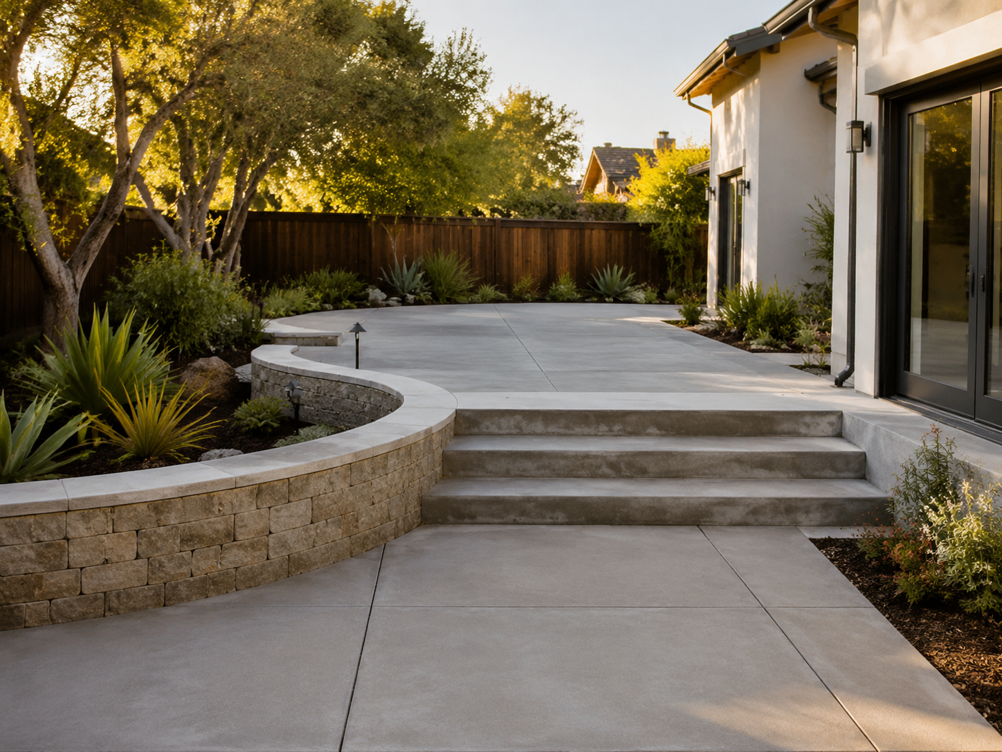 Backyard patio with curved concrete steps leading to a spacious concrete slab, bordered by a low stone wall and landscaped with plants and bushes, enclosed by a wooden fence, with trees and the side of a house visible in the background.