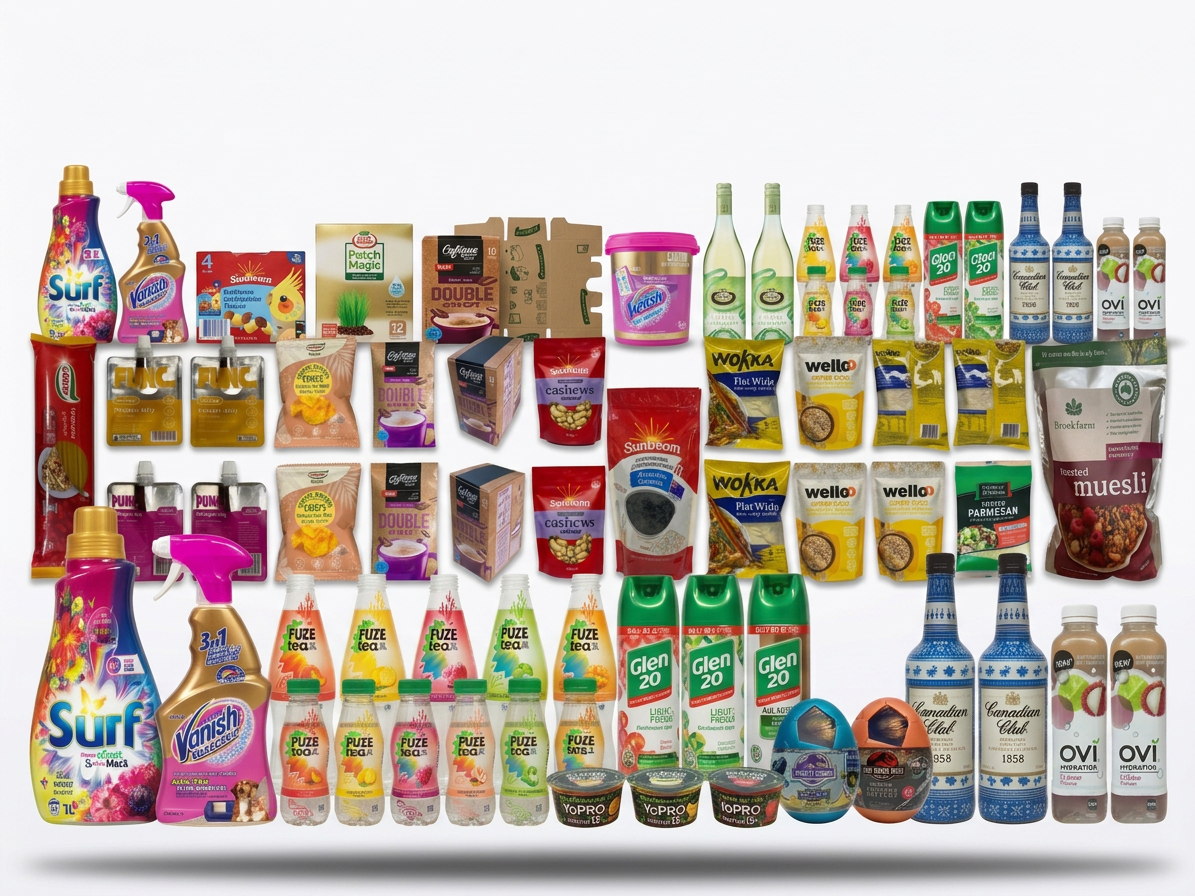 Food, beverage and household product packaging examples, produced by Joe Foster. A collection of various grocery and household products arranged on a white background, including drinks, snacks, cleaning supplies, and personal care items.