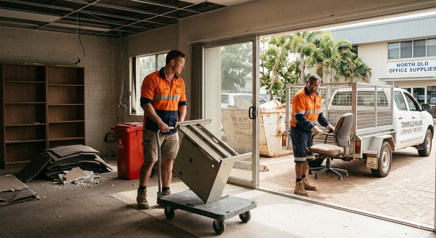 Two workers in orange safety vests moving furniture indoors from a truck outside.