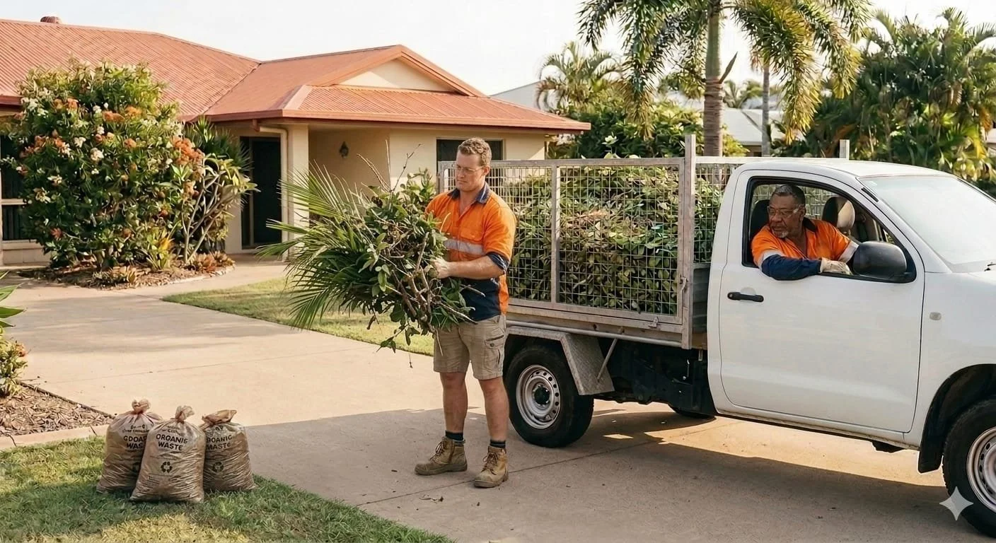 Two men in orange uniforms are loading organic waste into a white truck parked outside a house with a red roof. There are three bags labeled 'Organic Waste' on the grass near them.