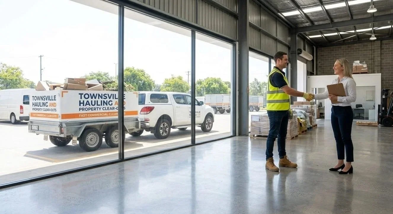 A man in a yellow safety vest shaking hands with a woman in business attire inside a warehouse or industrial building.