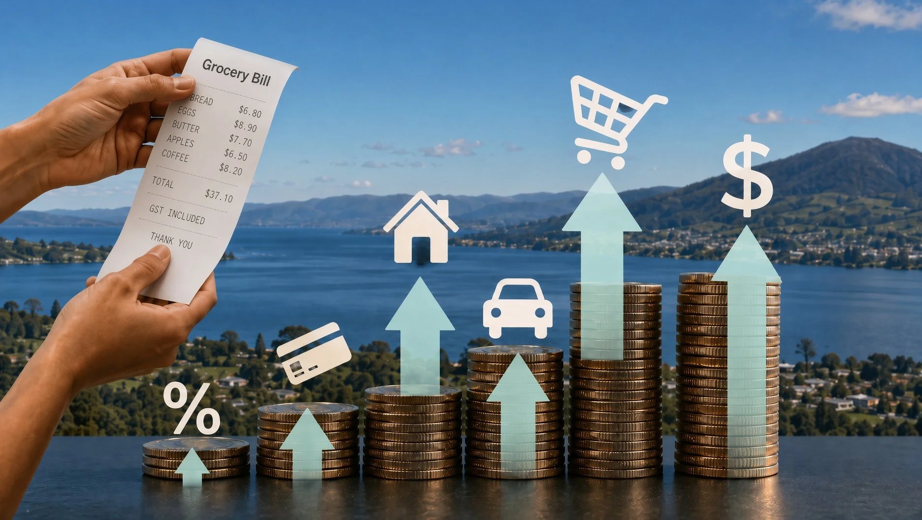 A hand holding a grocery receipt with a scenic lake and mountains in the background. Superimposed are graphic icons of a house, car, dollar sign, and percentage symbol, along with stacked coins and upward arrows indicating financial growth.