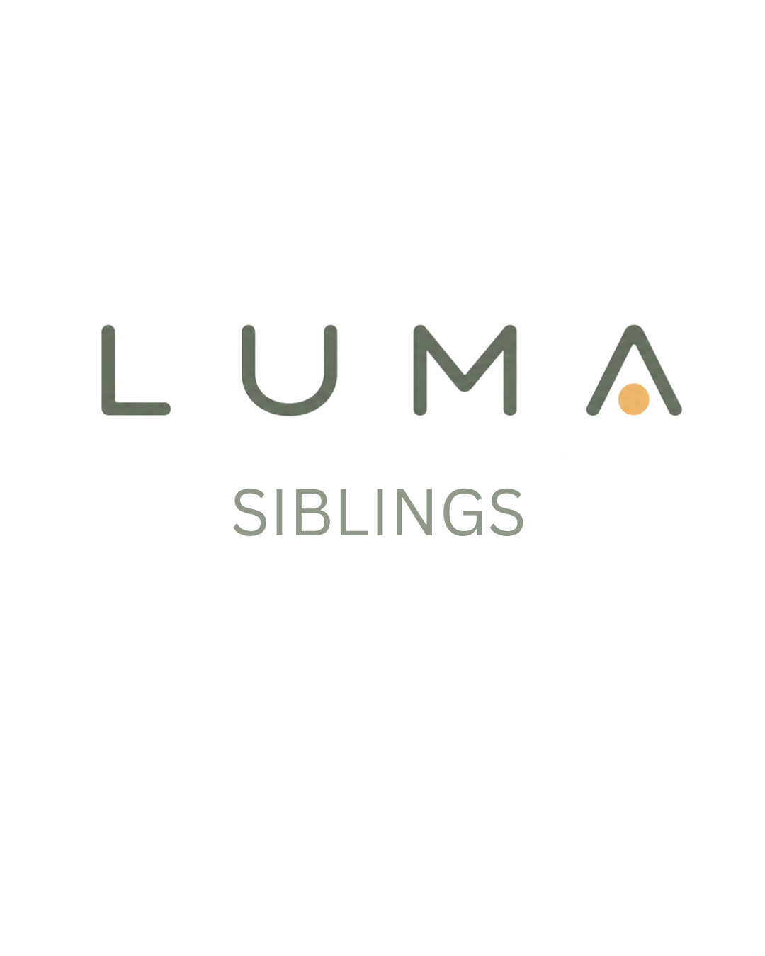 Logo for Luma Siblings with black background, the word 'Luma' in large gray letters, a small orange circle as the dot over the 'A', and 'Siblings' in smaller gray letters below.