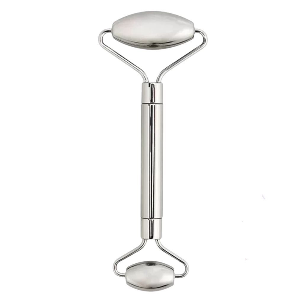 A full-length vertical view of a stainless steel dual-ended facial massage roller tool, with both smooth polished metal roller ends.