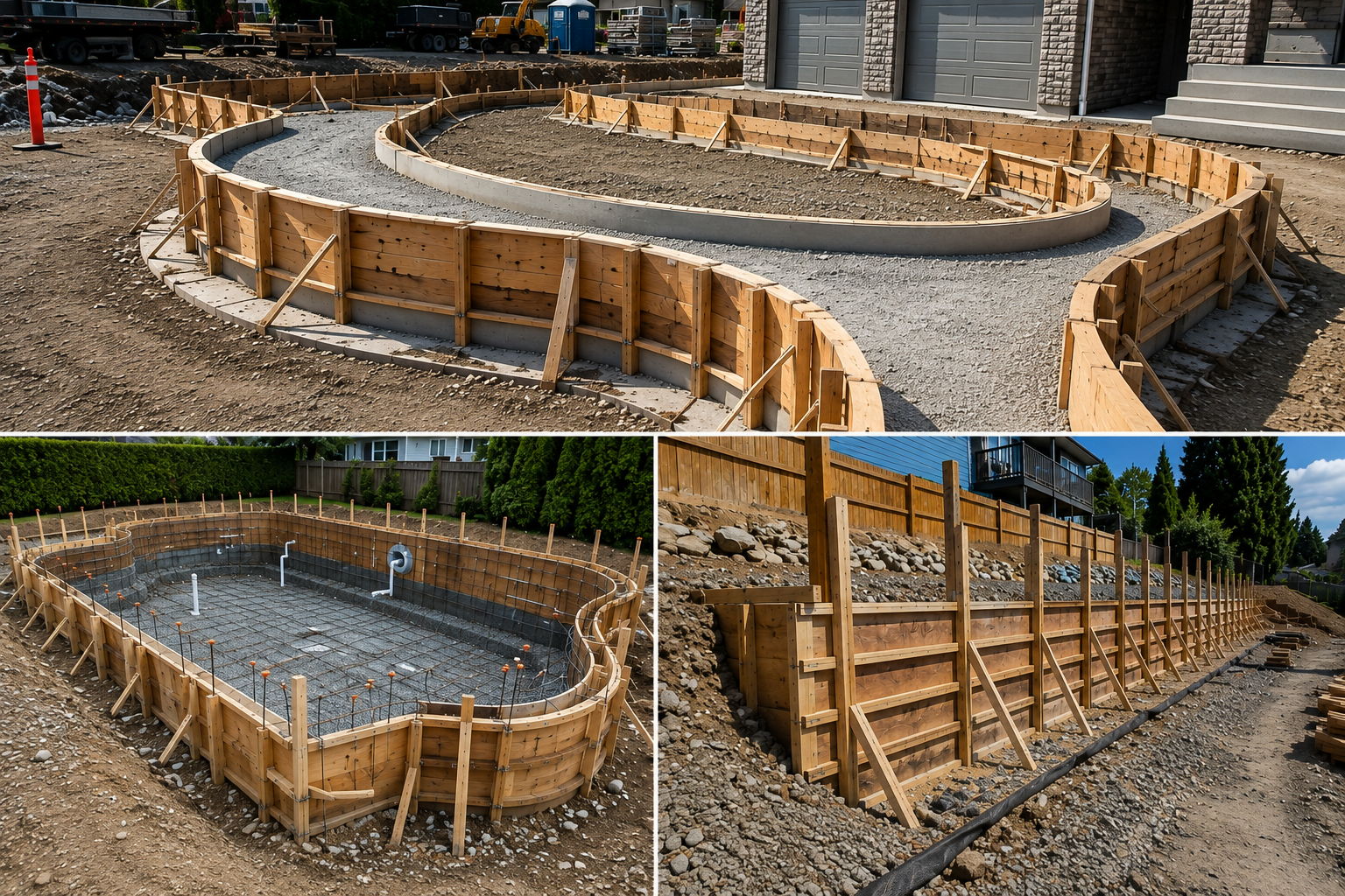 Custom concrete formwork for curb walls, concrete pools and retaining walls in Surrey BC