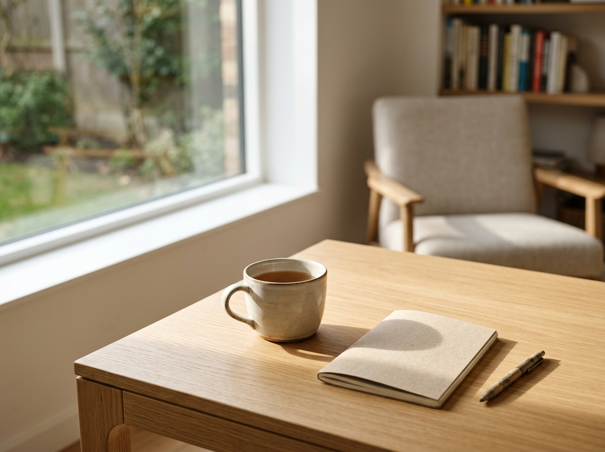 A wooden desk with a cup of tea, an open notebook, and a pen, near a window with greenery outside, in a cozy room with a beige armchair and bookshelf.