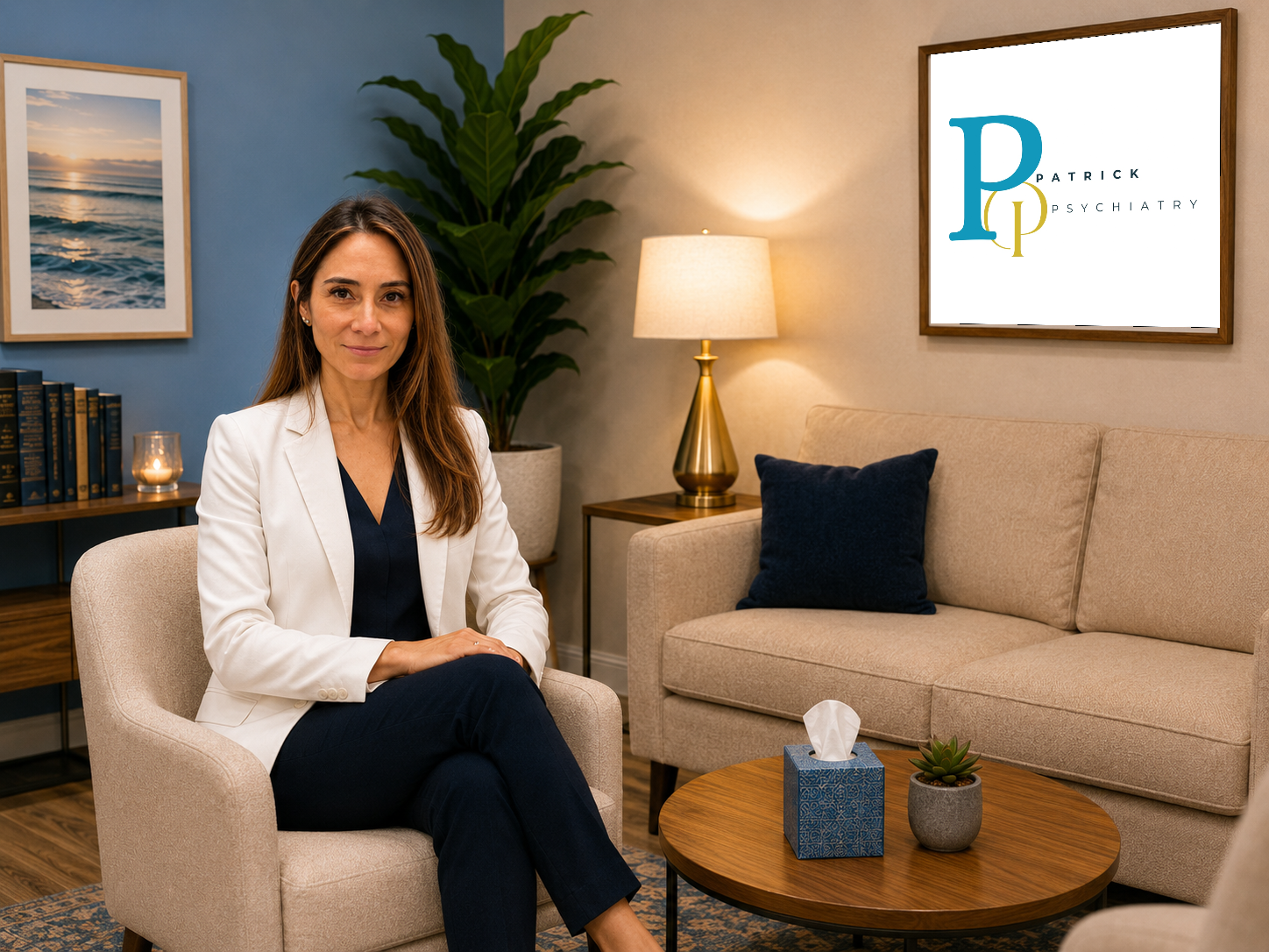 Lisa M. Patrick, M.D., seated in her Scarsdale office at Patrick Psychiatry.