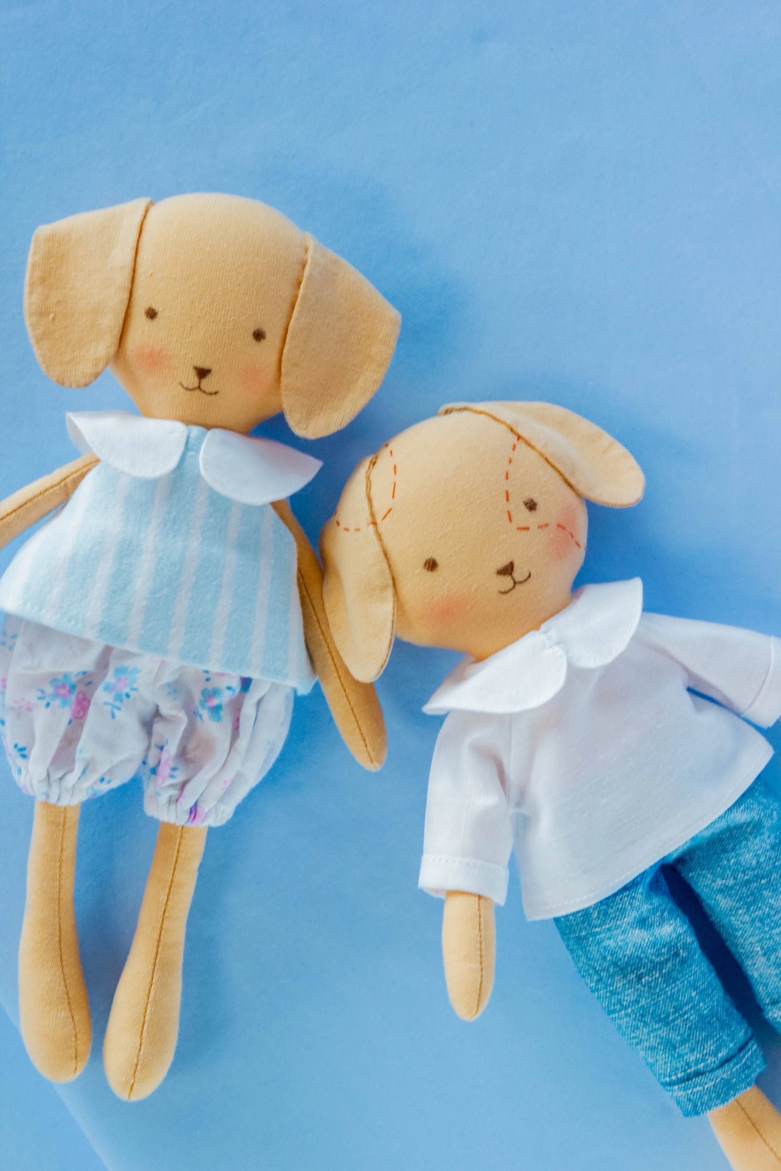 Two plush dog dolls dressed in clothing, sitting against a light blue background.