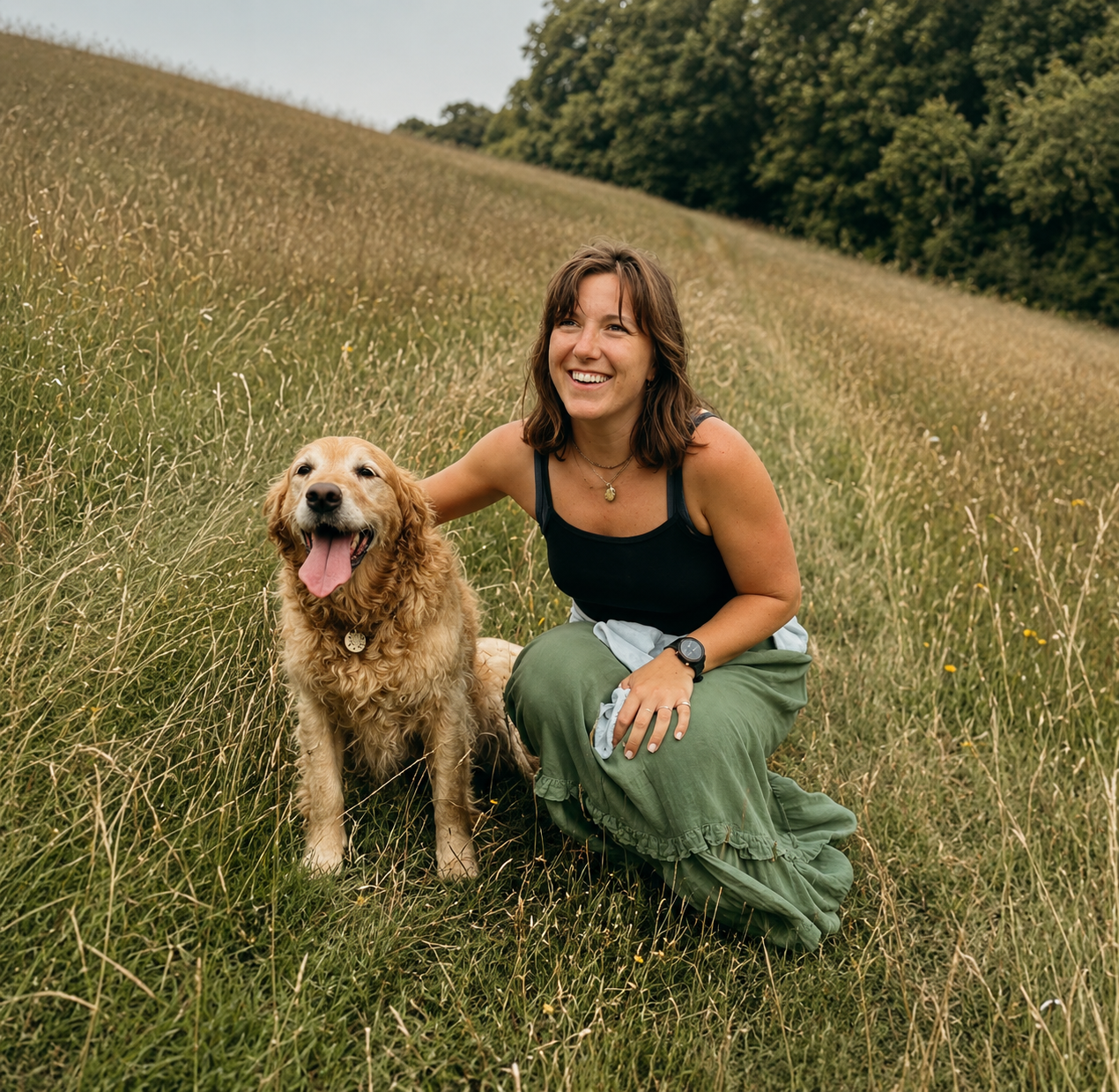 A woman crouching in a grassy field with a golden retriever that has its tongue out. The woman is smiling and wearing a black tank top, green pants, a watch, and a necklace, with trees in the background.