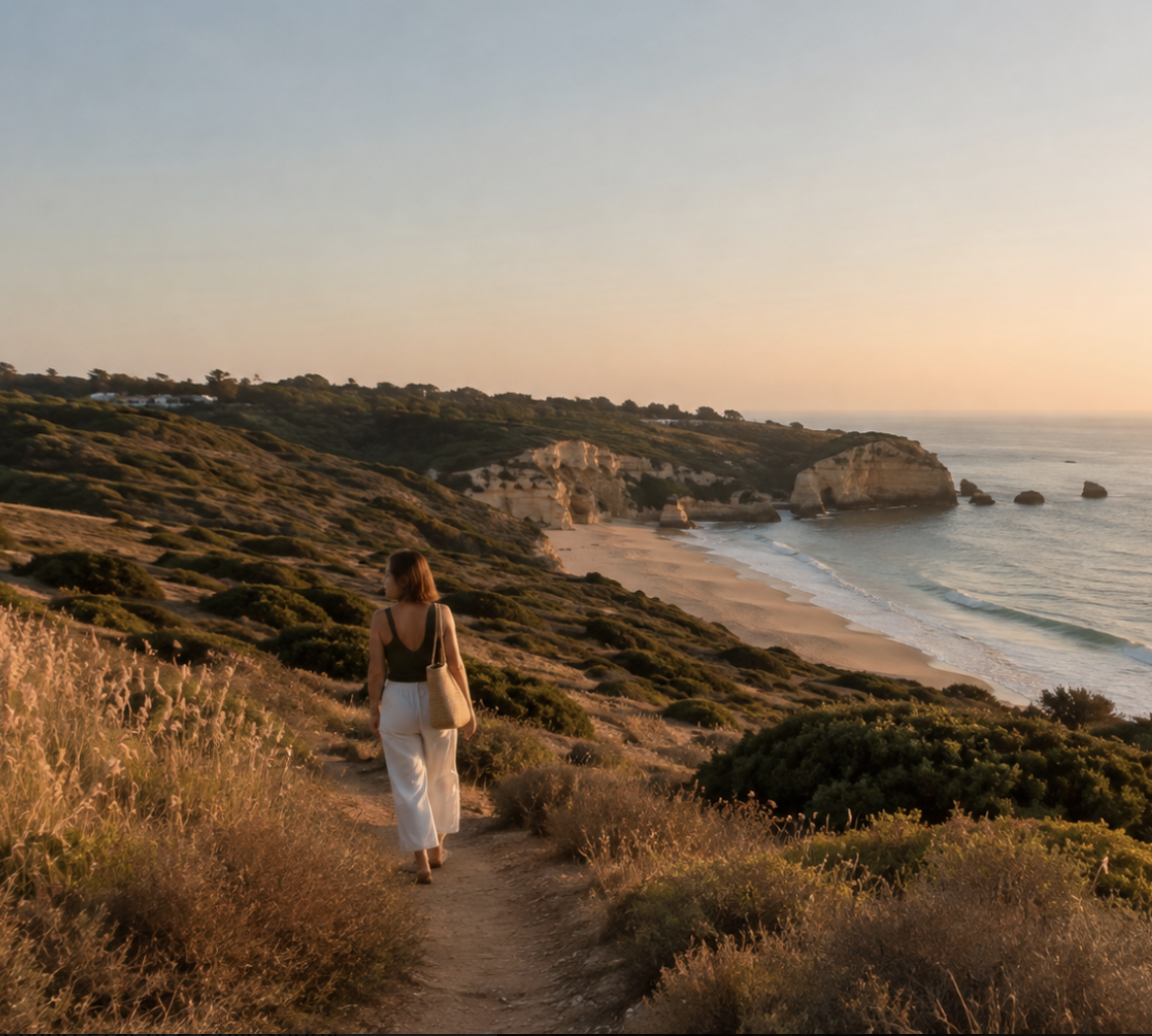 A woman walking on a trail near the coast during sunset, with cliffs, beach, and ocean in the background.