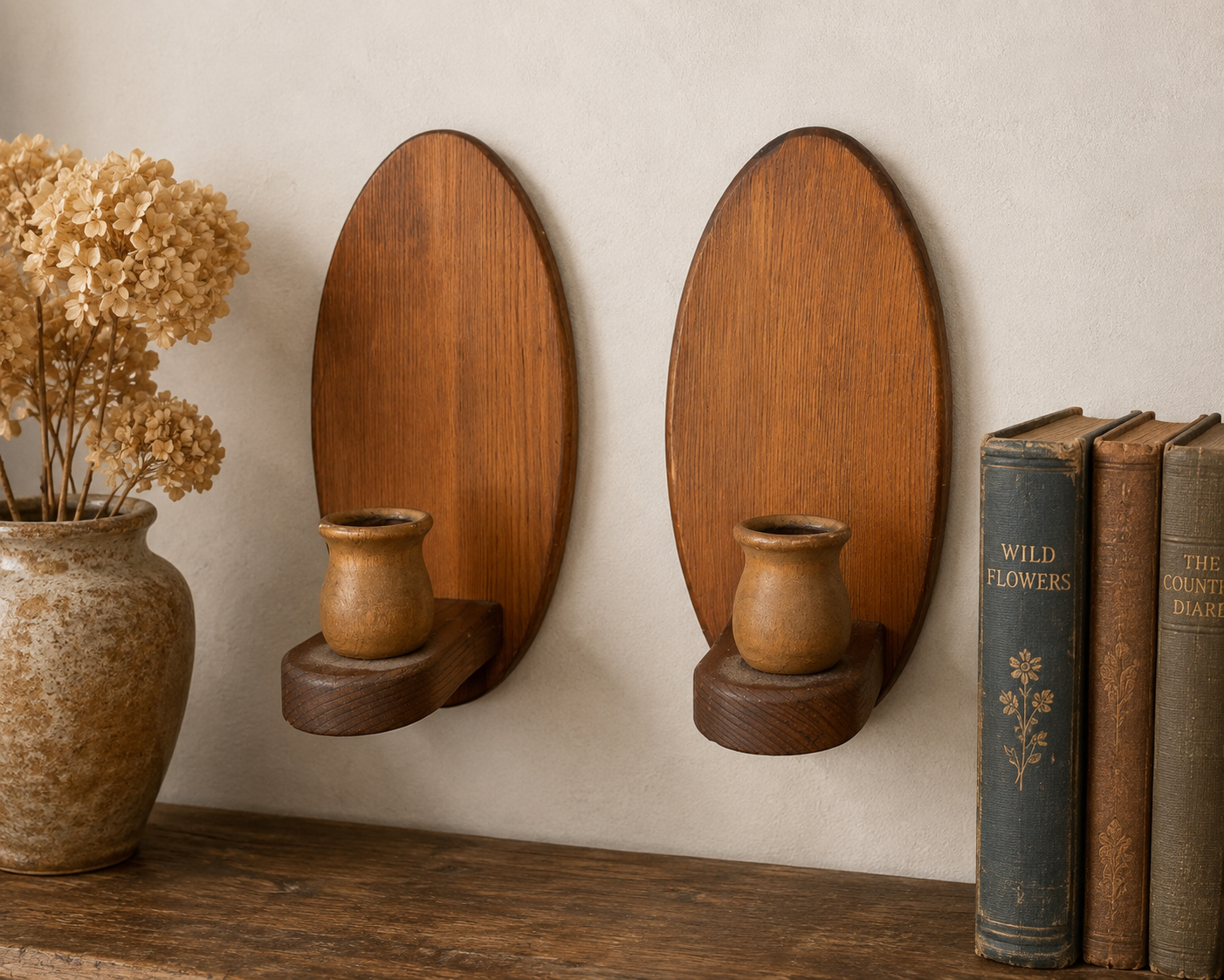Pair of Vintage Wooden Wall Candle Sconces