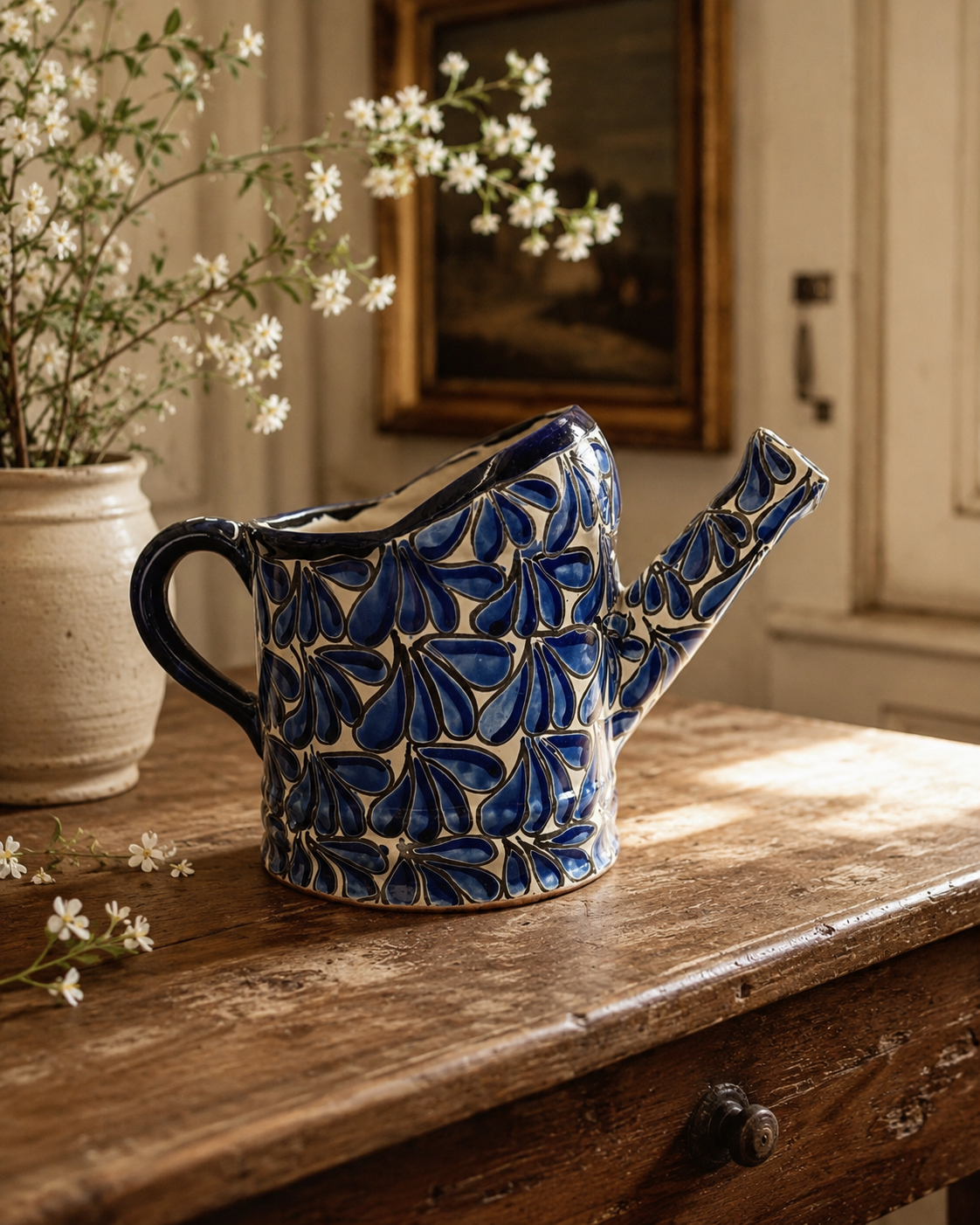 Hand-Painted Mexican Talavera-Style Ceramic Watering Can