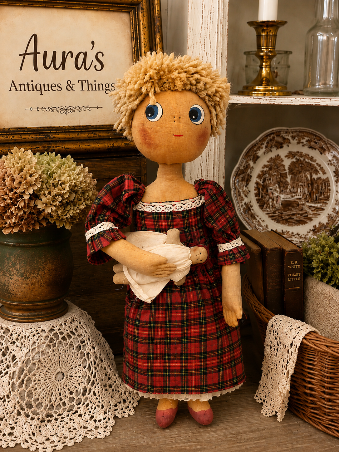 Vintage Handmade Rag Doll Holding Baby in Tartan Dress