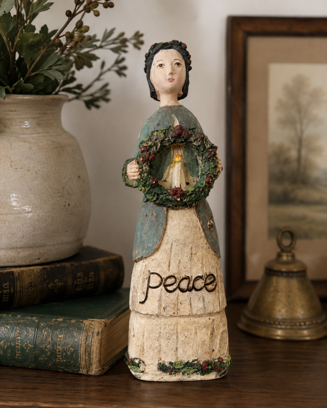 Vintage Folk Art “Peace” Woman with Christmas Wreath Figurine