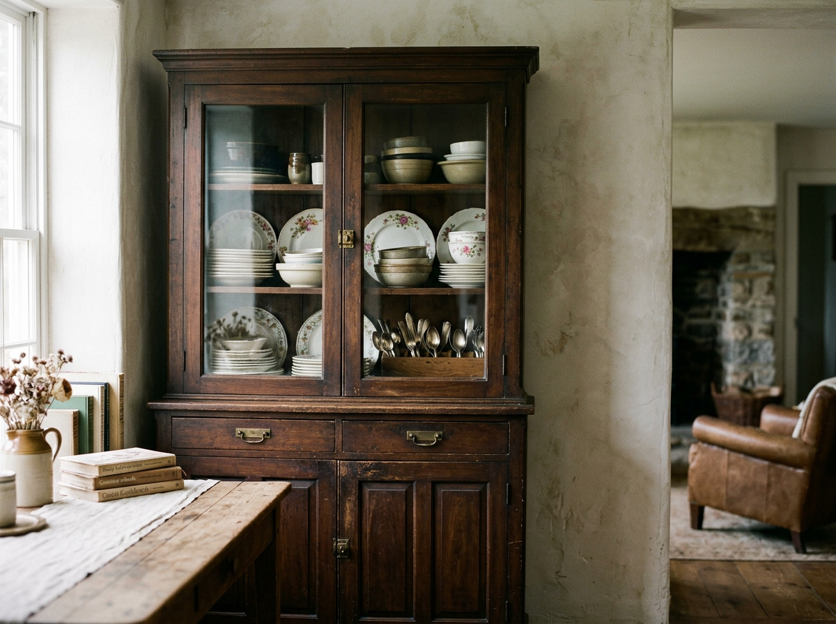 A dark wood china cabinet filled with stacked plates, bowls, and silverware in a rustic, cozy home.