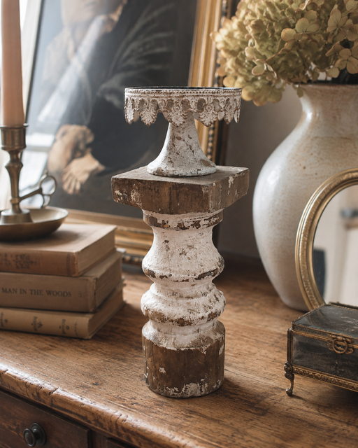 Vintage Architectural Wood & Metal Pedestal Candle Stand