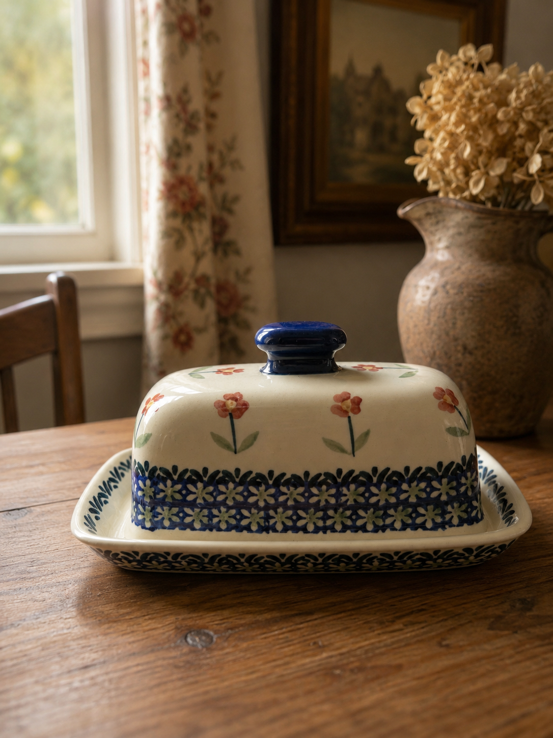 Hand-Painted Polish Pottery Covered Butter Dish — Handmade in Poland