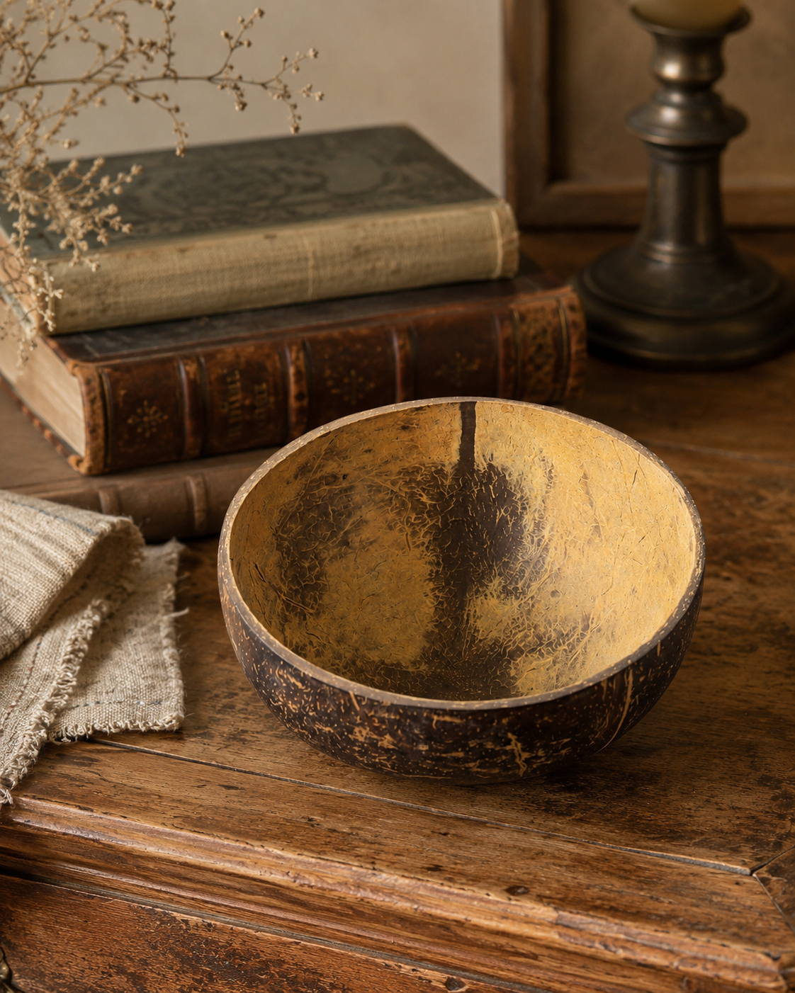 Vintage Coconut Shell Bowl with Golden Interior