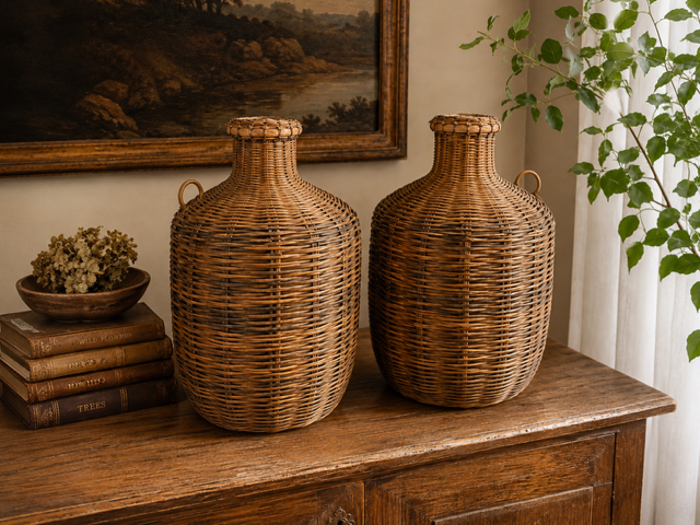 Pair of Hand-Woven Rattan Bottle Baskets