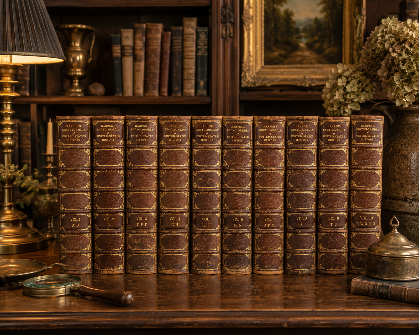 Set of 10 Antique Leather-Bound Books | Harper’s Encyclopedia of United States History | 1902