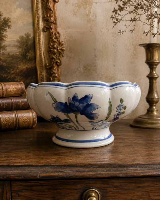 Vintage Blue Floral Scalloped Footed Planter