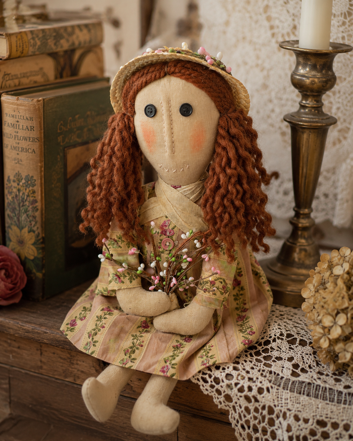 Vintage Primitive Folk Art Rag Doll with Floral Dress