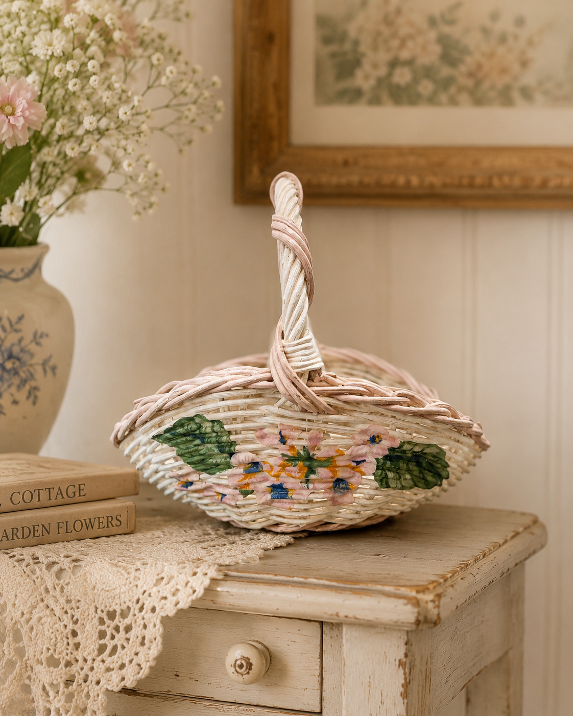 Small Vintage Floral Wicker Gathering Basket