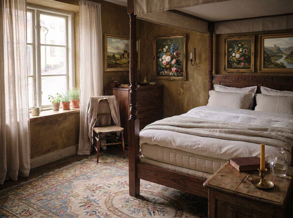 A cozy vintage bedroom with a four-poster bed, paintings of landscapes and flowers, a window with curtains and potted plants, a wooden chair with a draped fabric, a dresser with decorative items, a rug, and a bedside table with a candle, a book, and a glass pitcher.