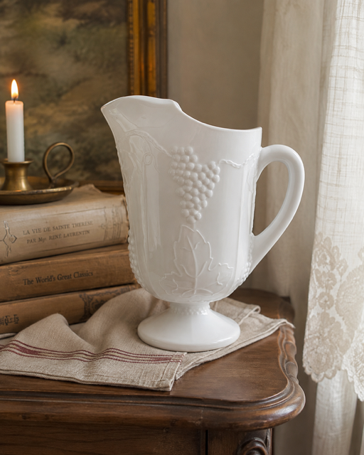 Vintage Milk Glass Grape & Vine Pedestal Pitcher