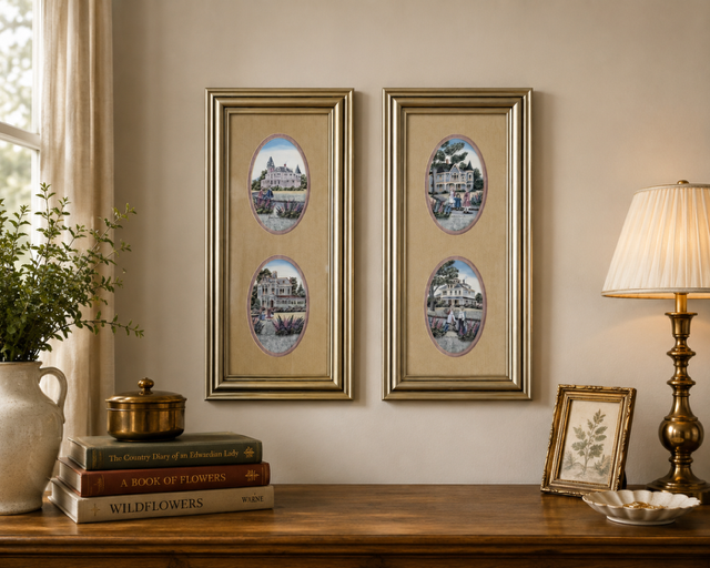 Pair of Vintage Victorian House Prints in Gilt Frames
