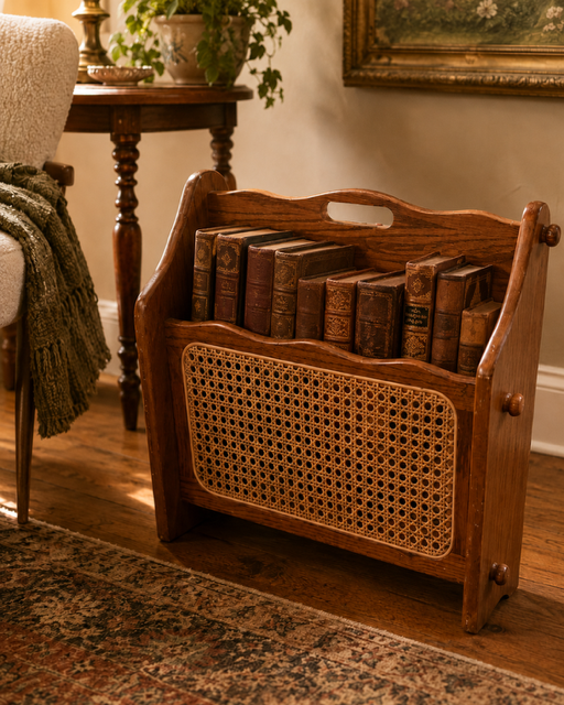 Vintage Wood & Cane Magazine Rack