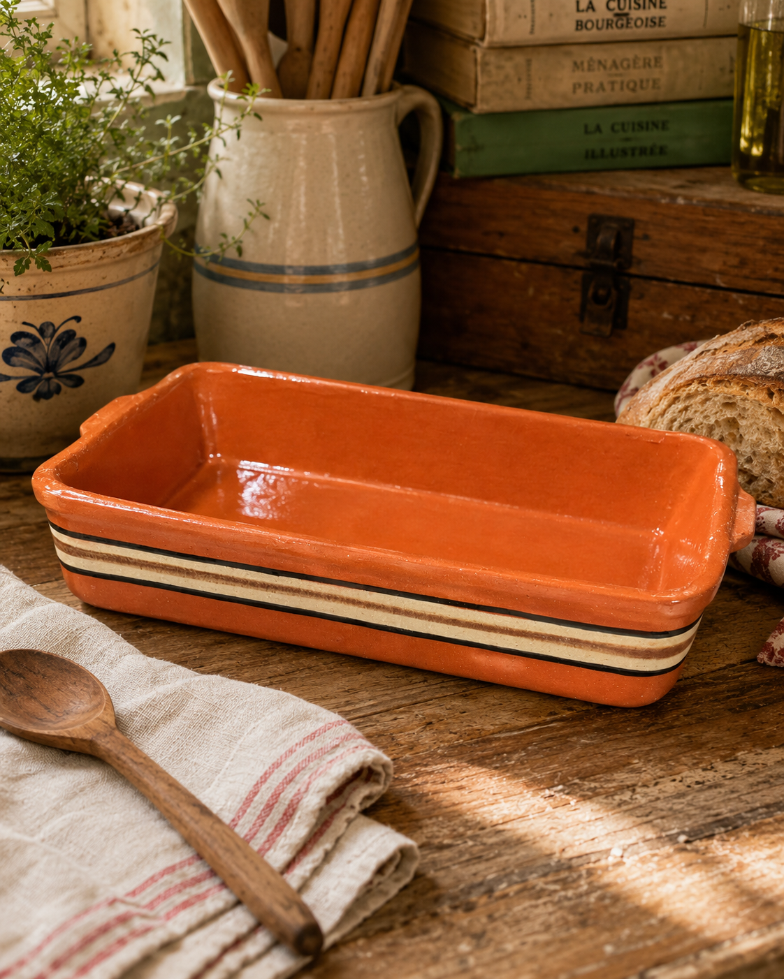 Vintage Portuguese Striped Terracotta Baking Dish