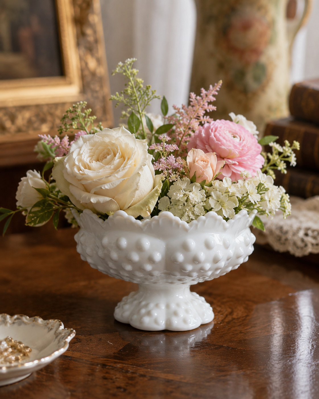 Vintage White Hobnail Milk Glass Pedestal Bowl
