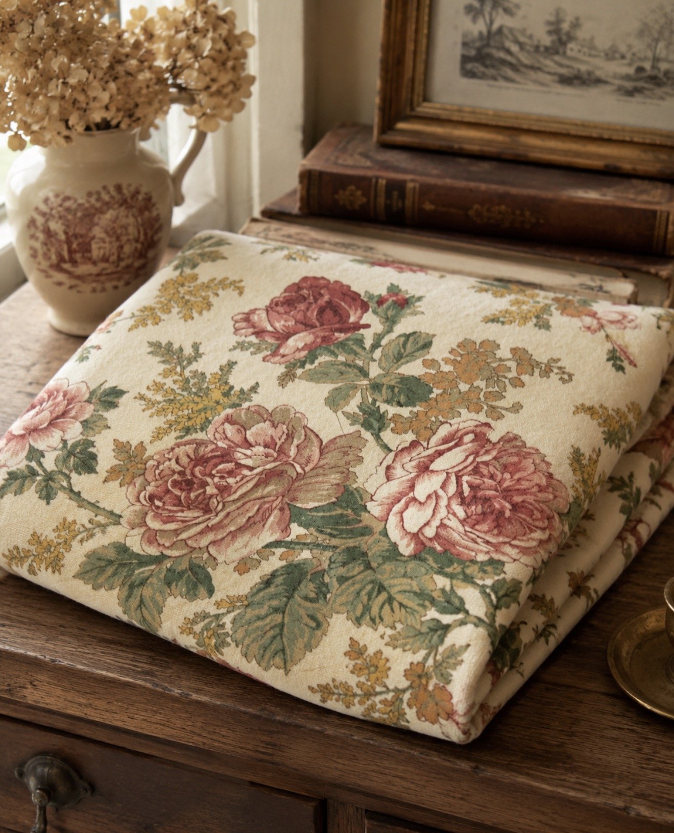 Vintage Cream Floral Fabric with Rose & Botanical Print — Approx. 1 Yard