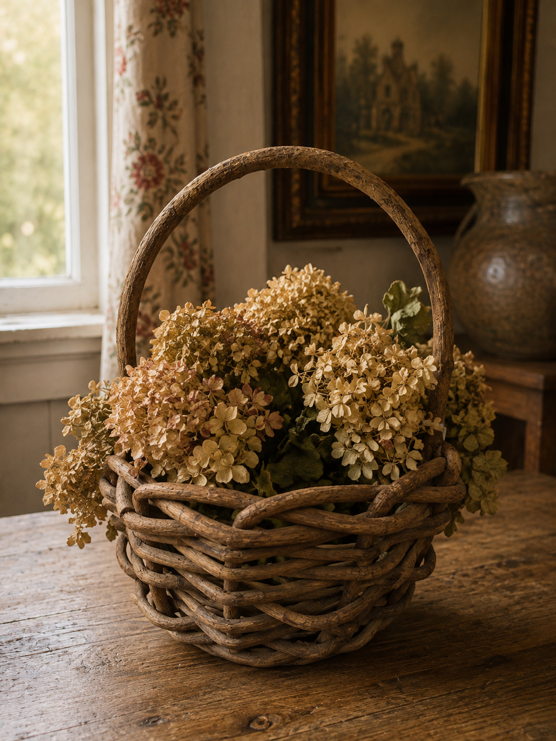 Rustic Woven Gathering Basket with Tall Handle