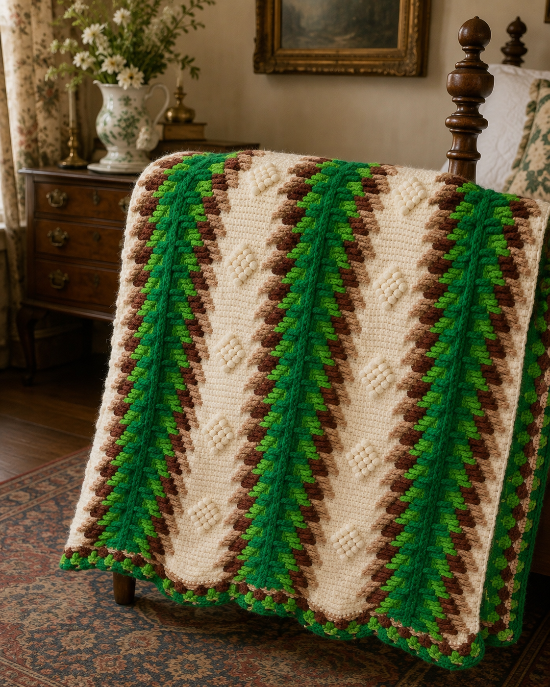 Vintage Handmade Crochet Afghan in Green, Cream & Brown