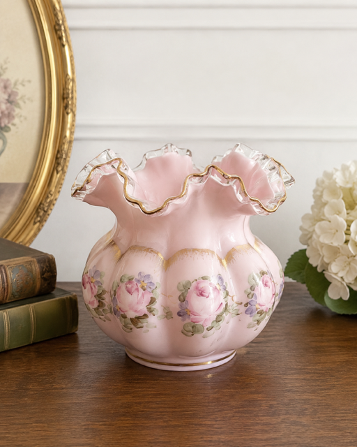Vintage Fenton Peach Crest Charleton Roses Melon Vase