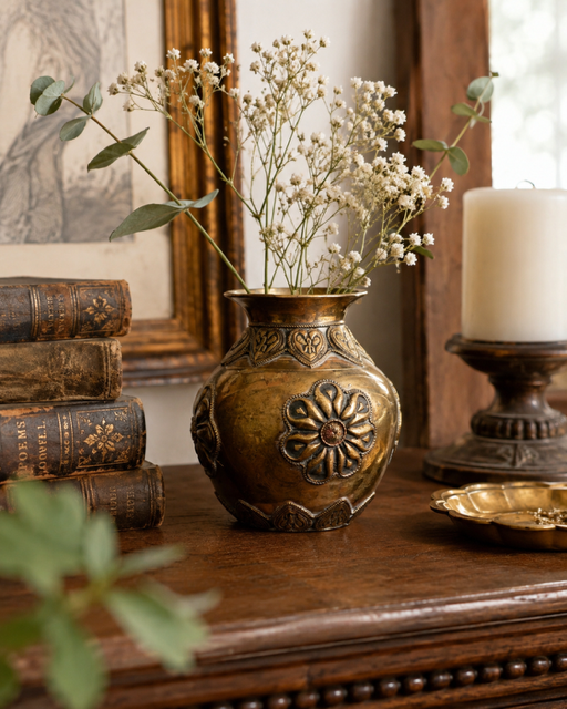 Vintage Brass Floral Vase with Applied Detail