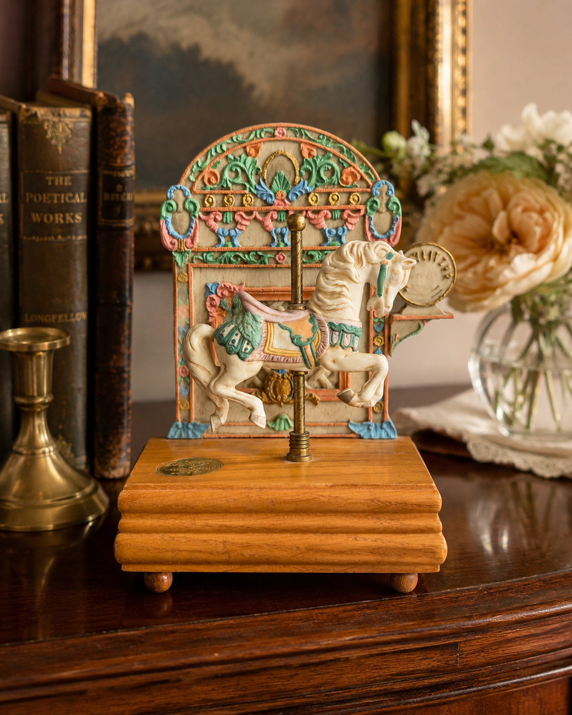 Vintage Carousel Horse Music Box on Wooden Base