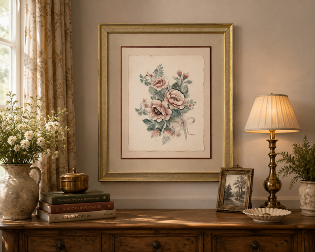 Vintage Romantic Rose Botanical in Gilt Frame