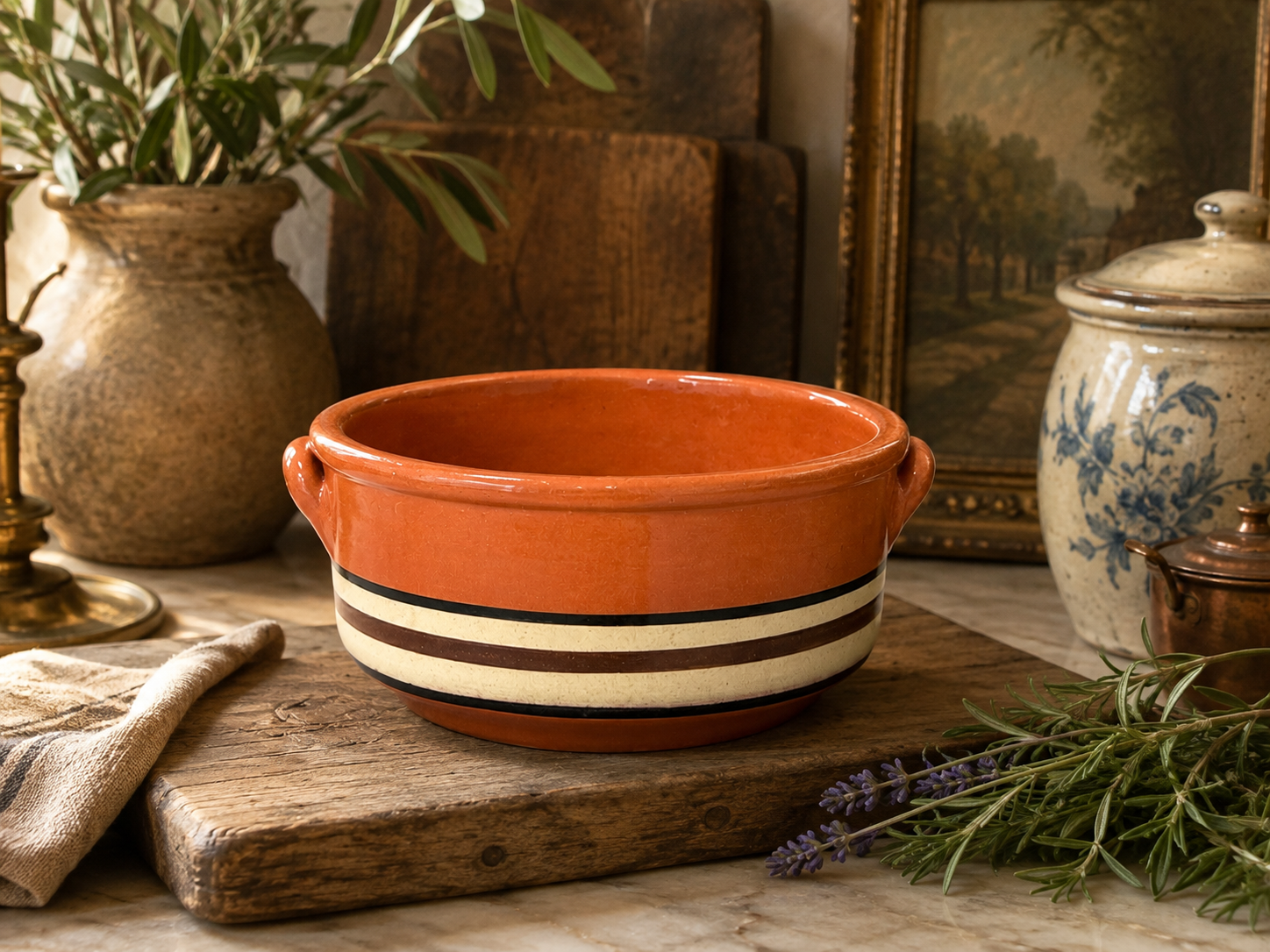 Vintage Portuguese Striped Terracotta Bowl