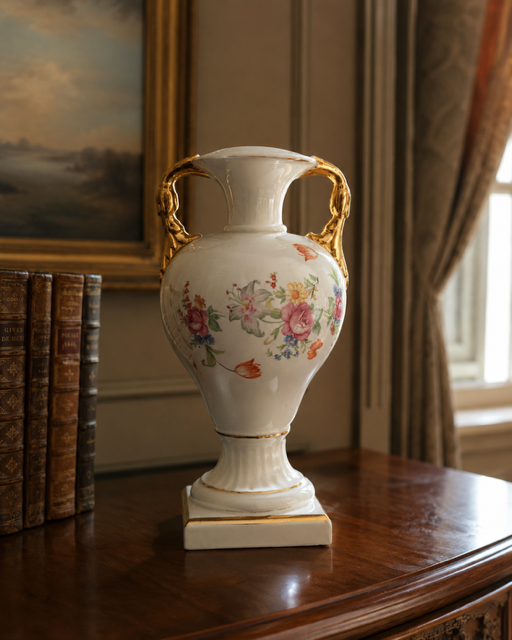 Vintage Floral Porcelain Amphora Vase with Gold Handles