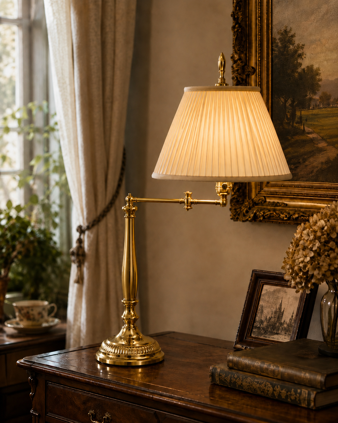 Vintage Solid Brass Swing-Arm Table Lamp with Pleated Shade