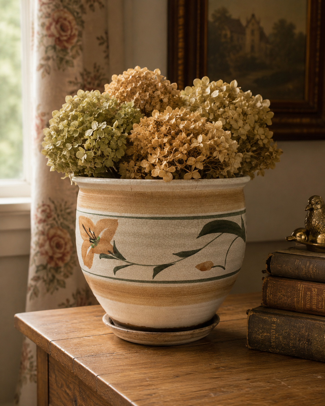 Vintage Crackle-Glaze Floral Planter with Saucer
