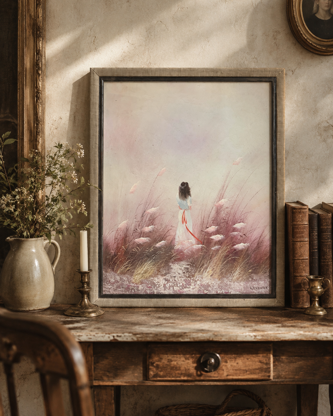 Vintage Signed Woman in Field Painting
